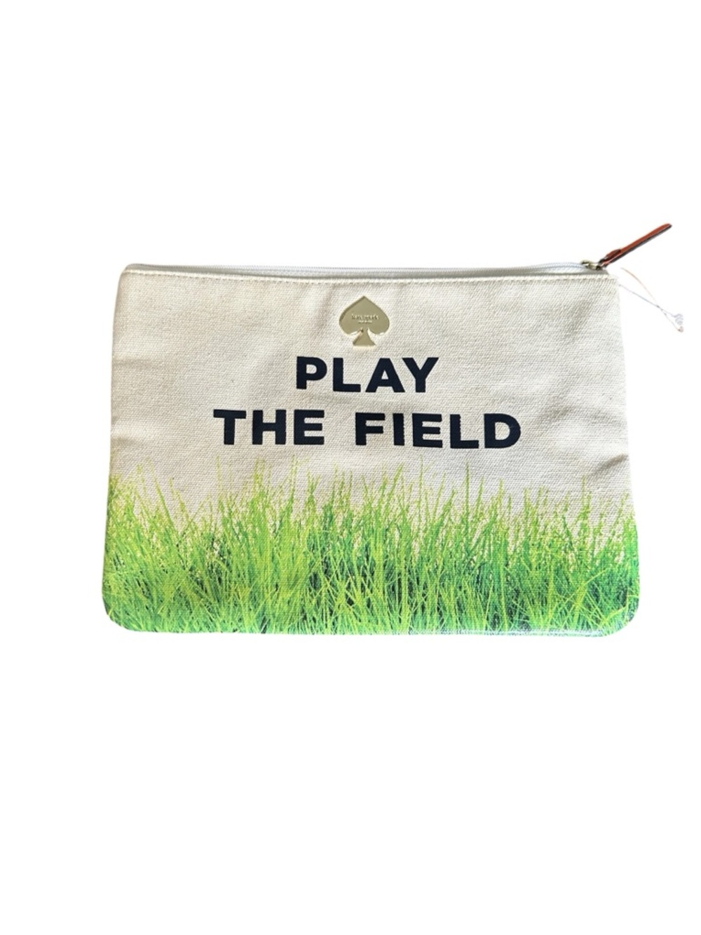 KATE SPADE PLAY THE FIELD cream canvas pouch green grass print gold spade